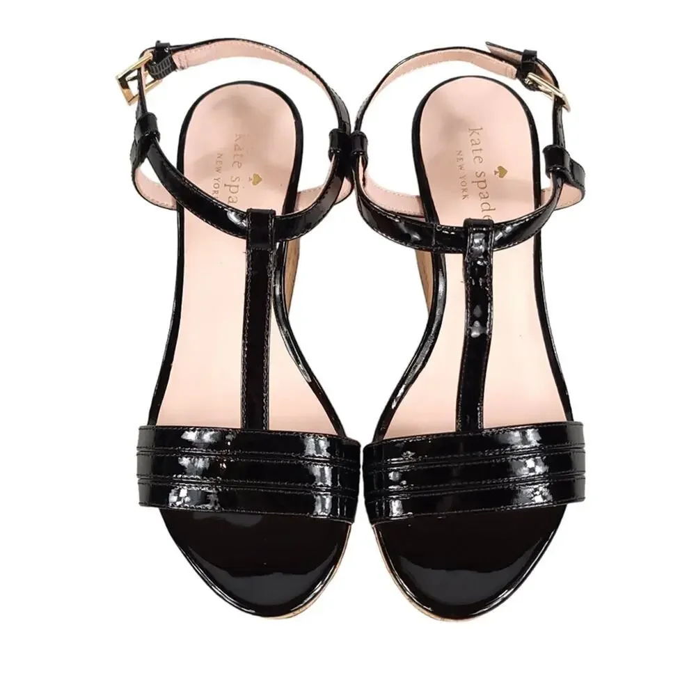 Kate Spade Tallin Cork Wedge Heel Sandals Black Patent Leather